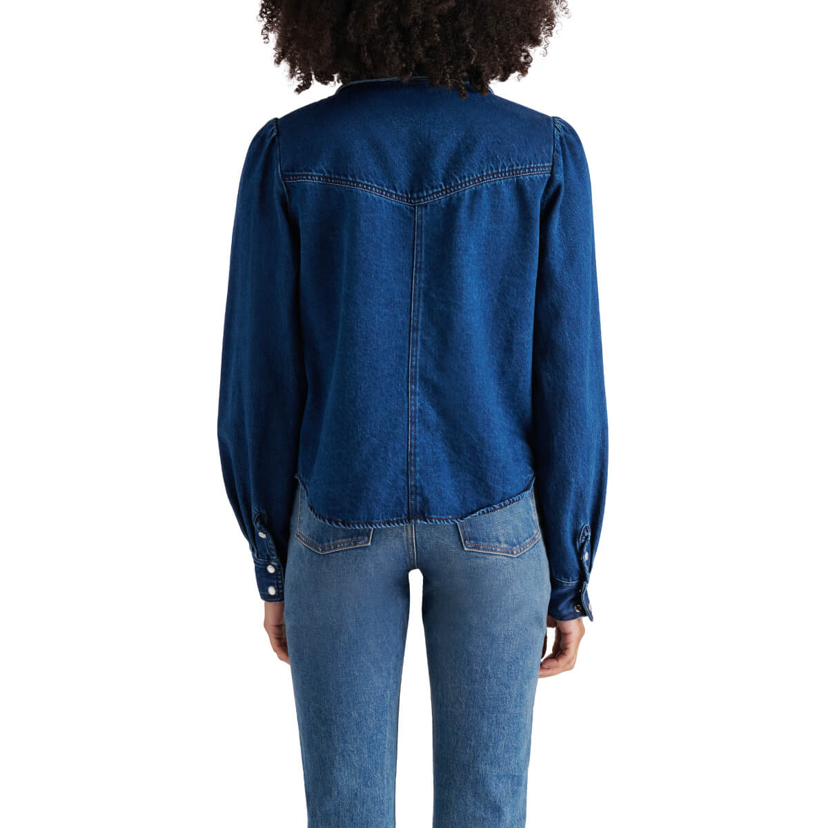 Steve Madden Charley Denim Button Front Top blue back | MILK MONEY milkmoney.co | cute tops for women. trendy tops for women. cute blouses for women. stylish tops for women. pretty womens tops.