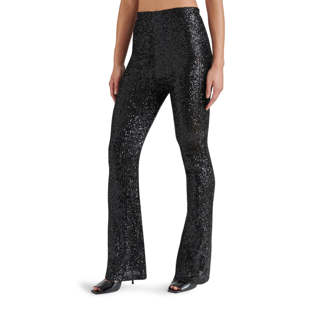 Steve Madden Citrine Stretch Sequin Flare Leg Legging Pants front black | MILK MONEY milkmoney.co | cute pants for women. cute trendy pants.