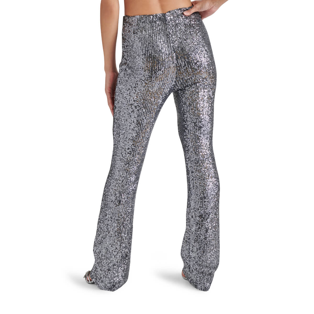 Steve Madden Citrine Stretch Sequin Flare Leg Legging Pants back silver | MILK MONEY milkmoney.co | cute pants for women. cute trendy pants.