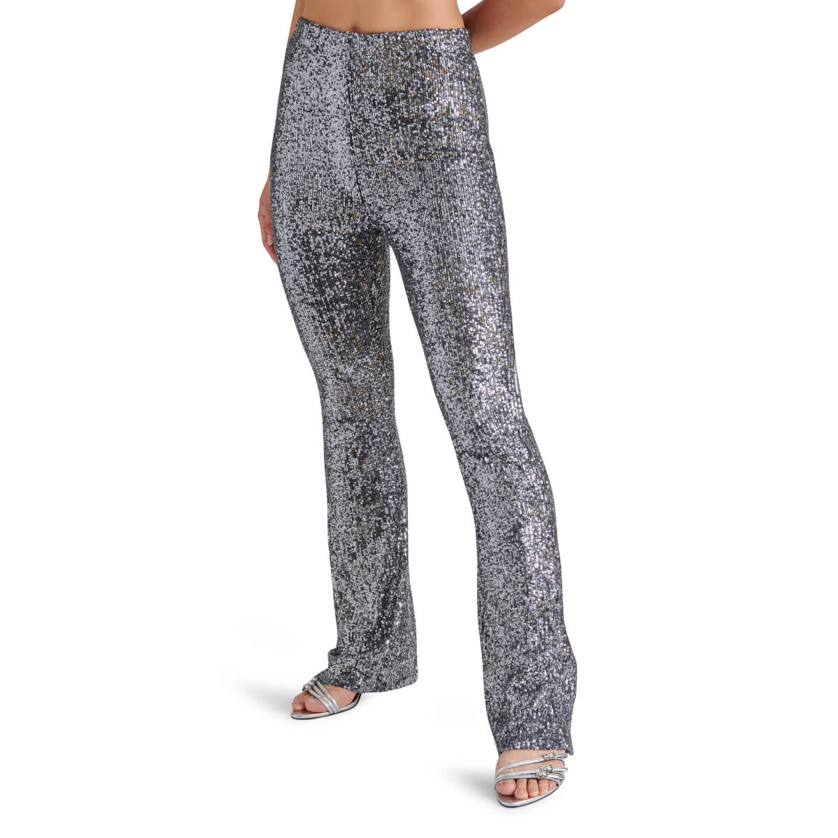 Steve Madden Citrine Stretch Sequin Flare Leg Legging Pants front silver | MILK MONEY milkmoney.co | cute pants for women. cute trendy pants.