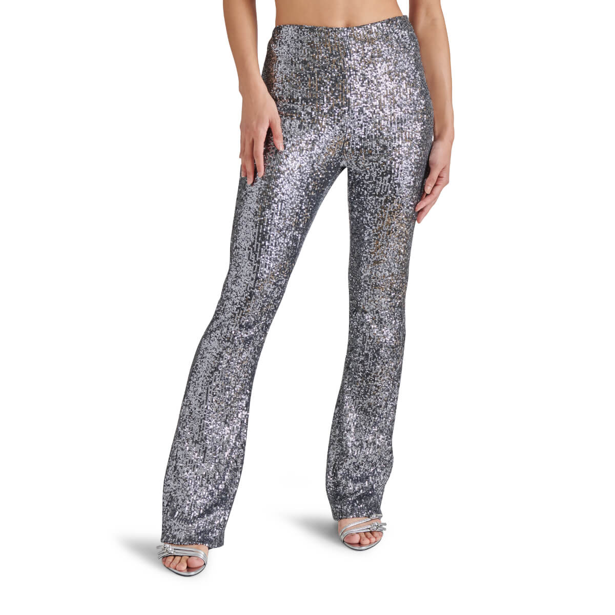 Steve Madden Citrine Stretch Sequin Flare Leg Legging Pants front silver | MILK MONEY milkmoney.co | cute pants for women. cute trendy pants.