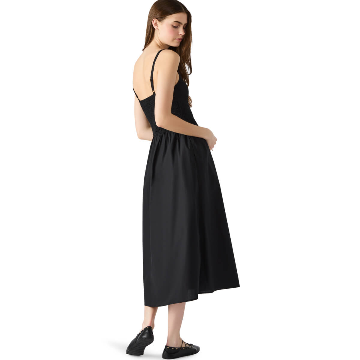 Steve Madden Codie Smocked Bodice Sundress black back | MILK MONEY milkmoney.co | cute clothes for women. womens online clothing. trendy online clothing stores. womens casual clothing online. trendy clothes online. trendy women's clothing online. ladies online clothing stores. trendy women's clothing stores. cute female clothes.