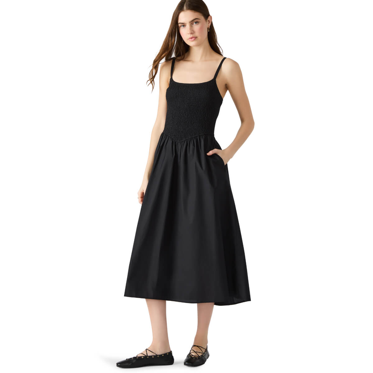 Steve Madden Codie Smocked Bodice Sundress black front | MILK MONEY milkmoney.co | cute clothes for women. womens online clothing. trendy online clothing stores. womens casual clothing online. trendy clothes online. trendy women's clothing online. ladies online clothing stores. trendy women's clothing stores. cute female clothes.