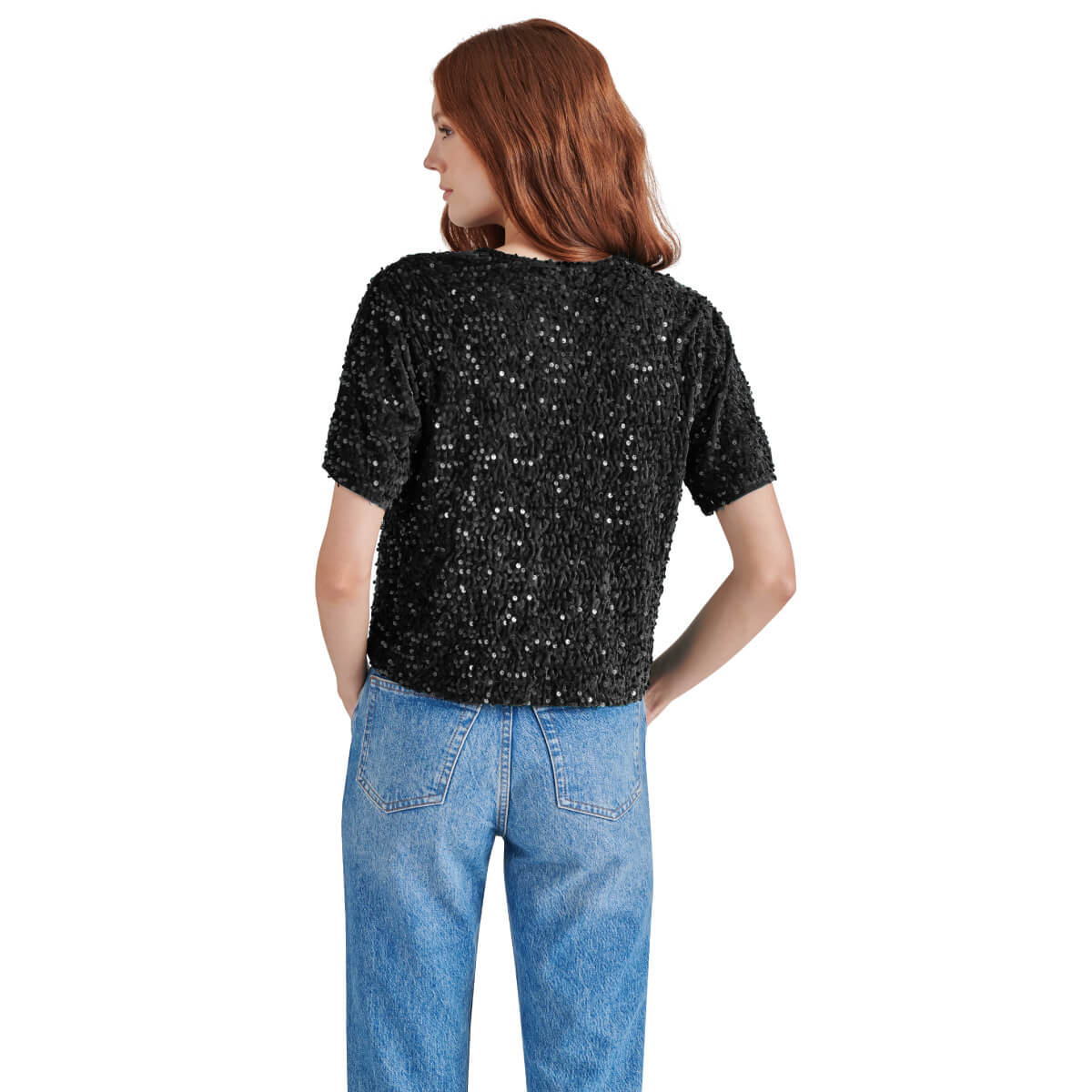 Steve Madden Cressa Sequin Short Sleeve Top black back | MILK MONEY milkmoney.co | cute tops for women. trendy tops for women. cute blouses for women. stylish tops for women. pretty womens tops.