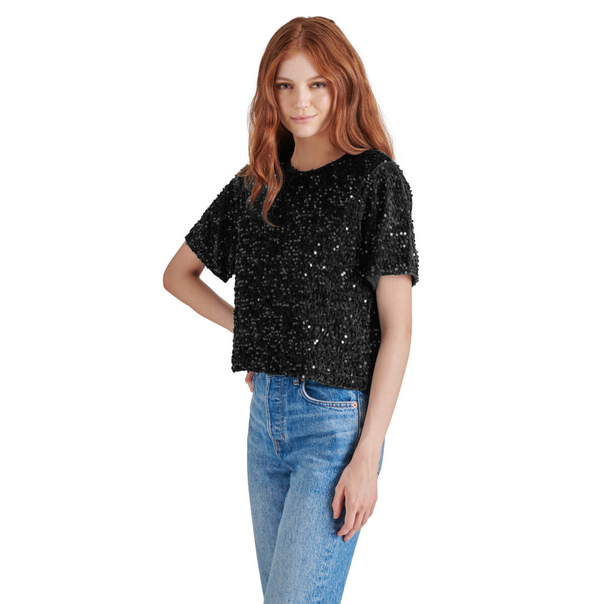 Steve Madden Cressa Sequin Short Sleeve Top black front | MILK MONEY milkmoney.co | cute tops for women. trendy tops for women. cute blouses for women. stylish tops for women. pretty womens tops.