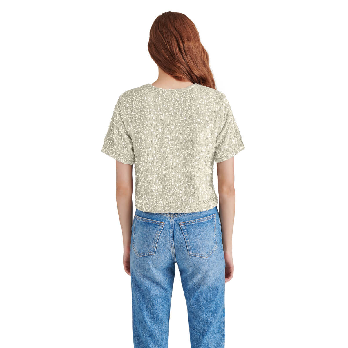 Steve Madden Cressa Sequin Short Sleeve Top ivory back | MILK MONEY milkmoney.co | cute tops for women. trendy tops for women. cute blouses for women. stylish tops for women. pretty womens tops.