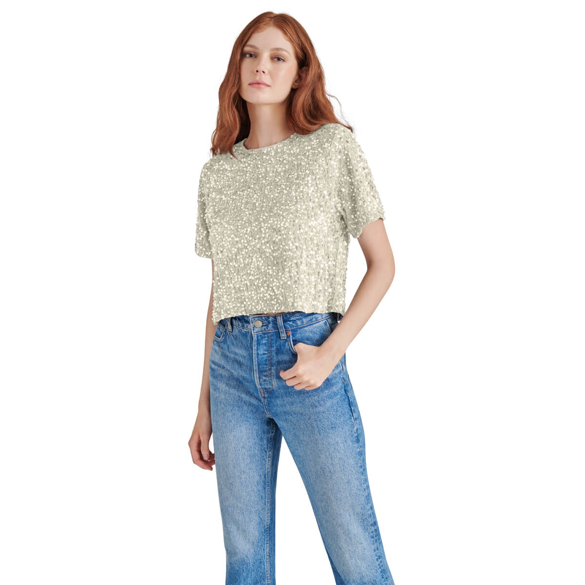 Steve Madden Cressa Sequin Short Sleeve Top ivory front | MILK MONEY milkmoney.co | cute tops for women. trendy tops for women. cute blouses for women. stylish tops for women. pretty womens tops.