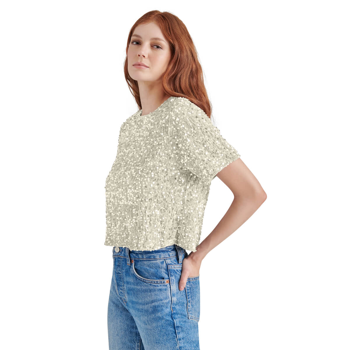 Steve Madden Cressa Sequin Short Sleeve Top ivory side | MILK MONEY milkmoney.co | cute tops for women. trendy tops for women. cute blouses for women. stylish tops for women. pretty womens tops.