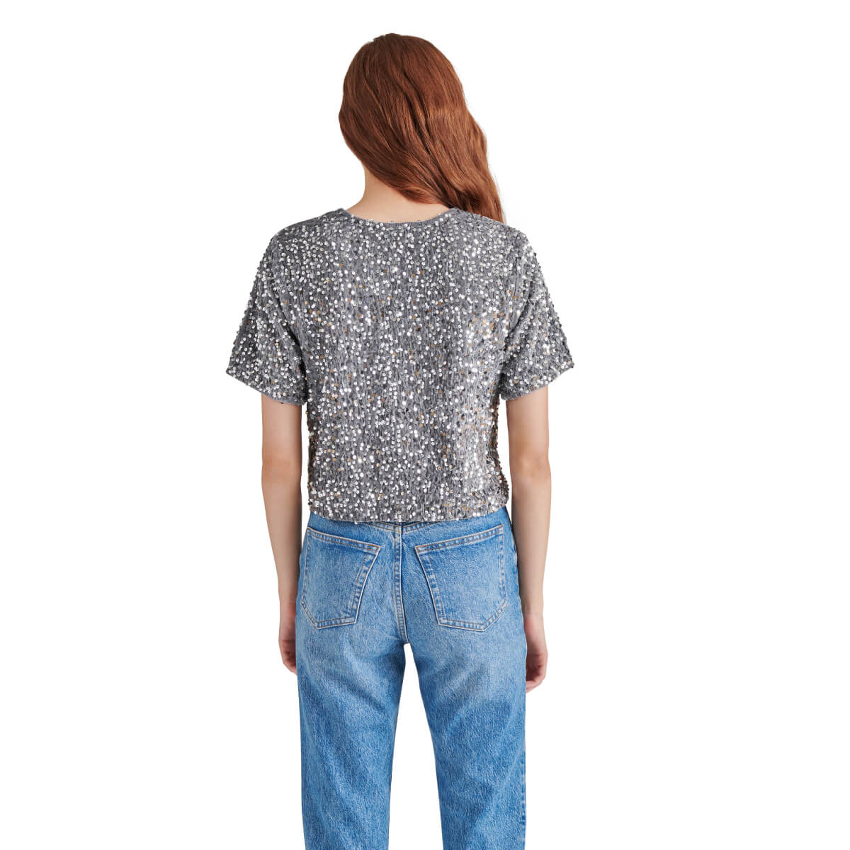 Steve Madden Cressa Sequin Short Sleeve Top silver back | MILK MONEY milkmoney.co | cute tops for women. trendy tops for women. cute blouses for women. stylish tops for women. pretty womens tops.