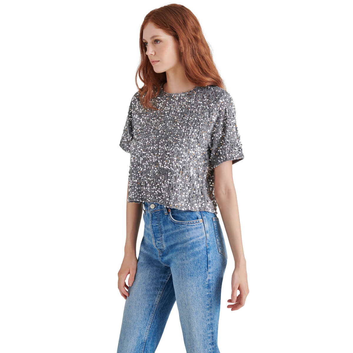 Steve Madden Cressa Sequin Short Sleeve Top silver front | MILK MONEY milkmoney.co | cute tops for women. trendy tops for women. cute blouses for women. stylish tops for women. pretty womens tops.