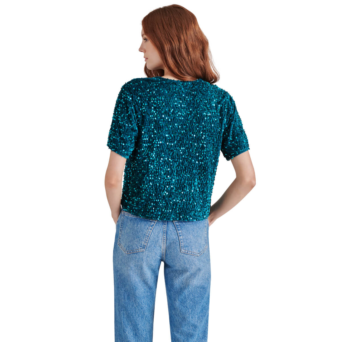 Steve Madden Cressa Sequin Short Sleeve Top teal back | MILK MONEY milkmoney.co | cute tops for women. trendy tops for women. cute blouses for women. stylish tops for women. pretty womens tops.