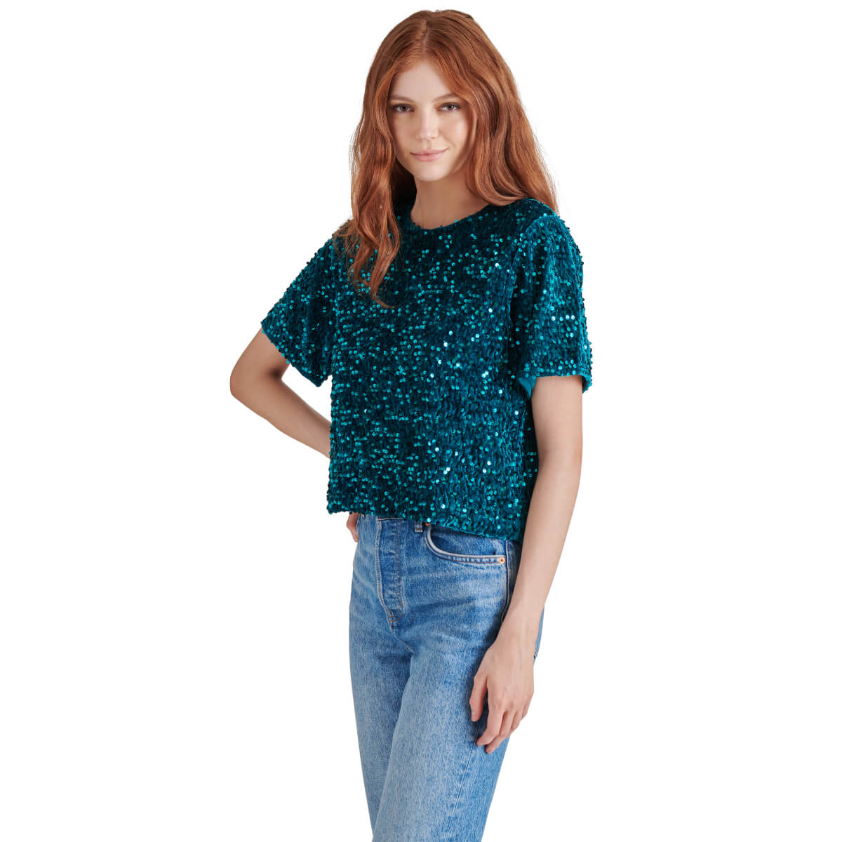 Steve Madden Cressa Sequin Short Sleeve Top teal front | MILK MONEY milkmoney.co | cute tops for women. trendy tops for women. cute blouses for women. stylish tops for women. pretty womens tops.