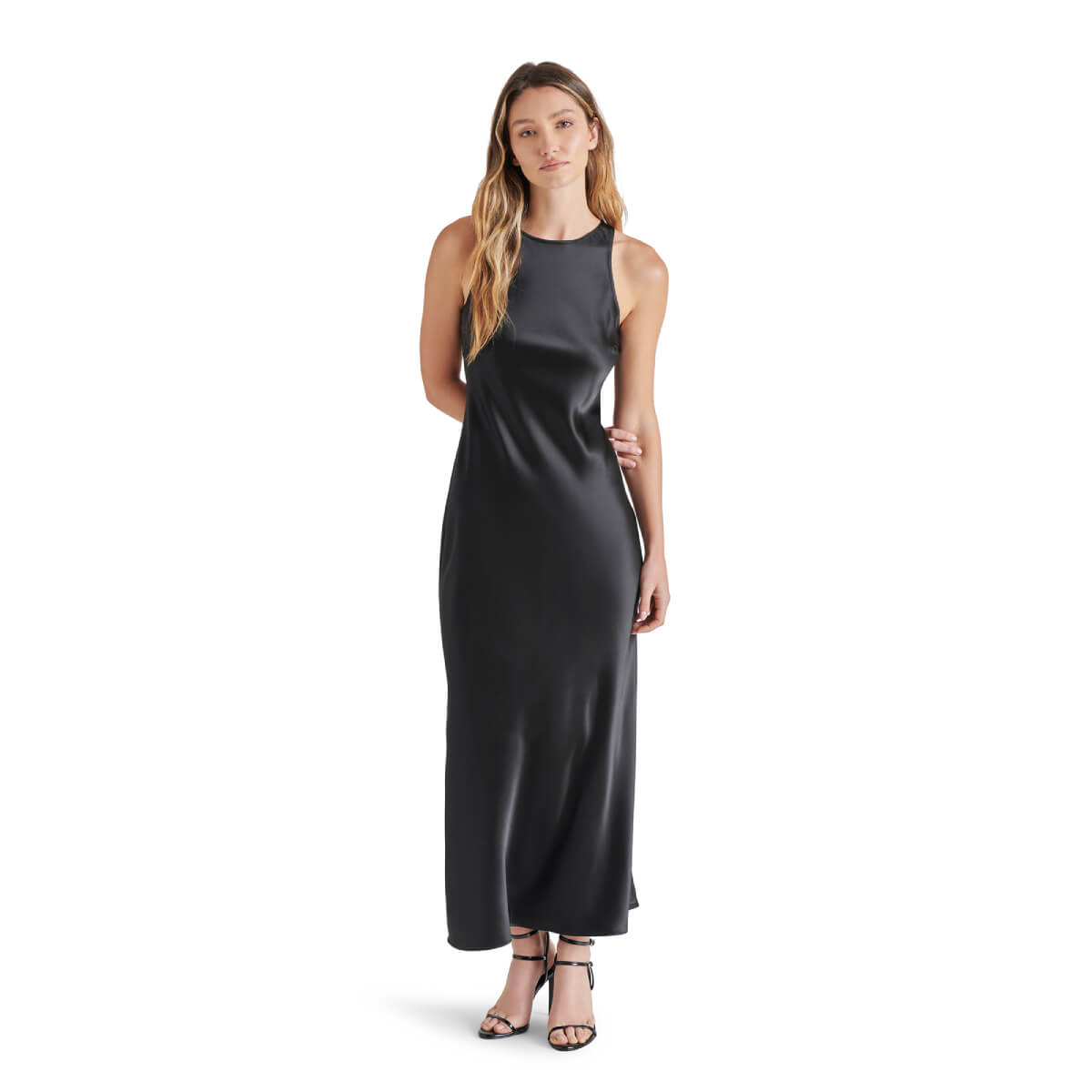Steve Madden Diane Racerback Satin Maxi Dress black front | MILK MONEY milkmoney.co | cute clothes for women. womens online clothing. trendy online clothing stores. womens casual clothing online. trendy clothes online. trendy women's clothing online. ladies online clothing stores. trendy women's clothing stores. cute female clothes.