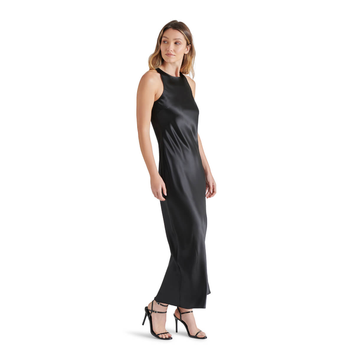 Steve Madden Diane Racerback Satin Maxi Dress black side | MILK MONEY milkmoney.co | cute clothes for women. womens online clothing. trendy online clothing stores. womens casual clothing online. trendy clothes online. trendy women's clothing online. ladies online clothing stores. trendy women's clothing stores. cute female clothes.