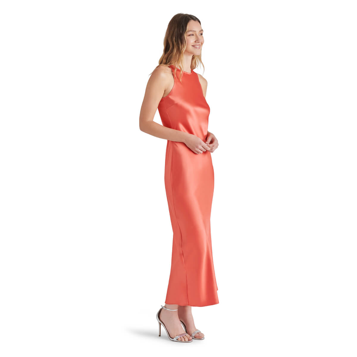 Steve Madden Diane Racerback Satin Maxi Dress coral side | MILK MONEY milkmoney.co | cute clothes for women. womens online clothing. trendy online clothing stores. womens casual clothing online. trendy clothes online. trendy women's clothing online. ladies online clothing stores. trendy women's clothing stores. cute female clothes.