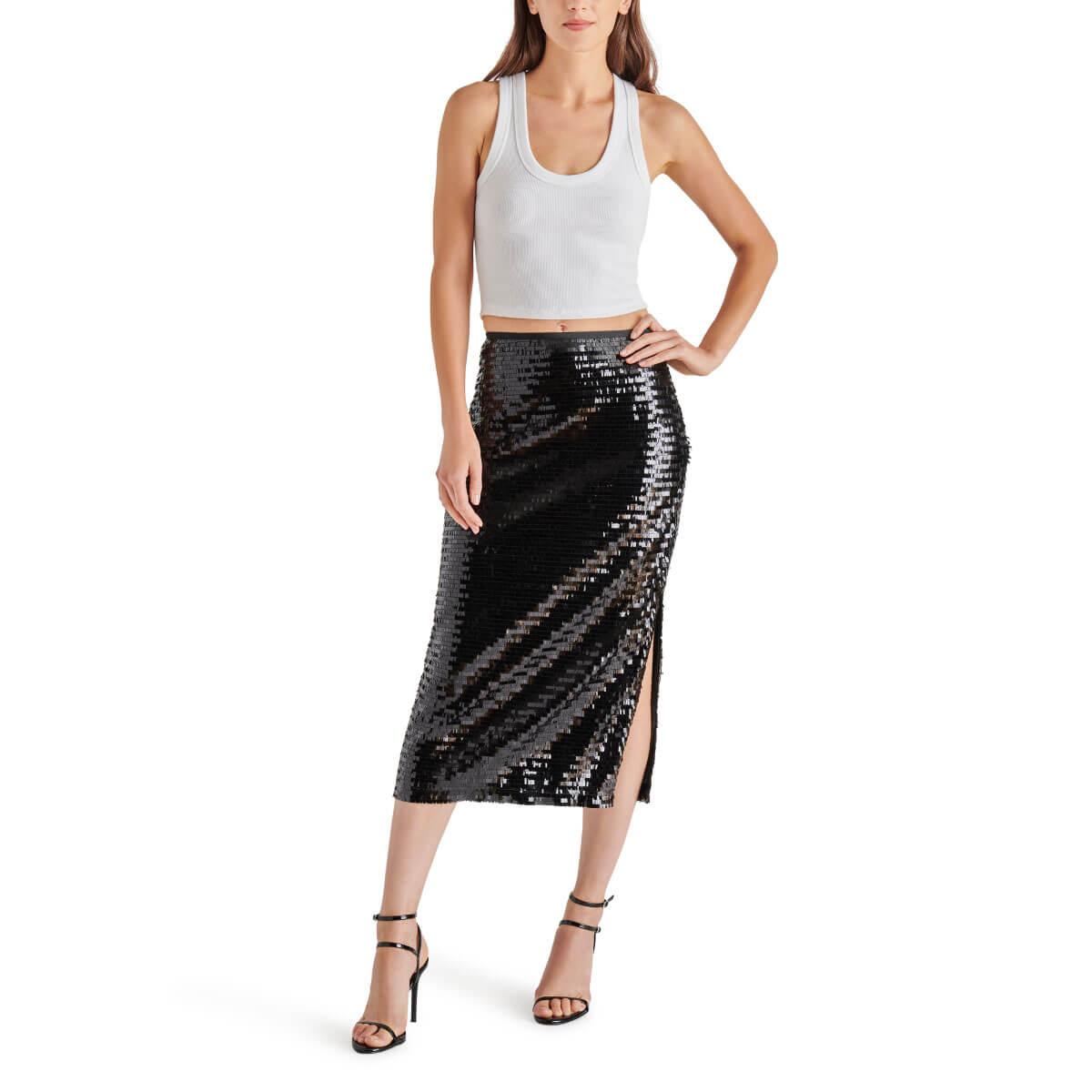 Steve Madden Dinah Piano Sequin High Rise Midi Pencil Skirt black front | MILK MONEY milkmoney.co | cute clothes for women. womens online clothing. trendy online clothing stores. womens casual clothing online. trendy clothes online. trendy women's clothing online. ladies online clothing stores. trendy women's clothing stores. cute female clothes.