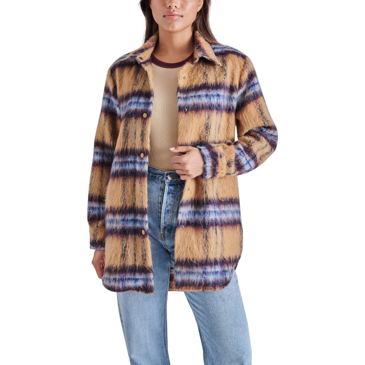 Steve Madden Eldridge Oversize Plaid Shirt Jacket brown front | MILK MONEY milkmoney.co | cute jackets for women. cute coats. cool jackets for women. stylish jackets for women. trendy jackets for women. trendy womens coats.