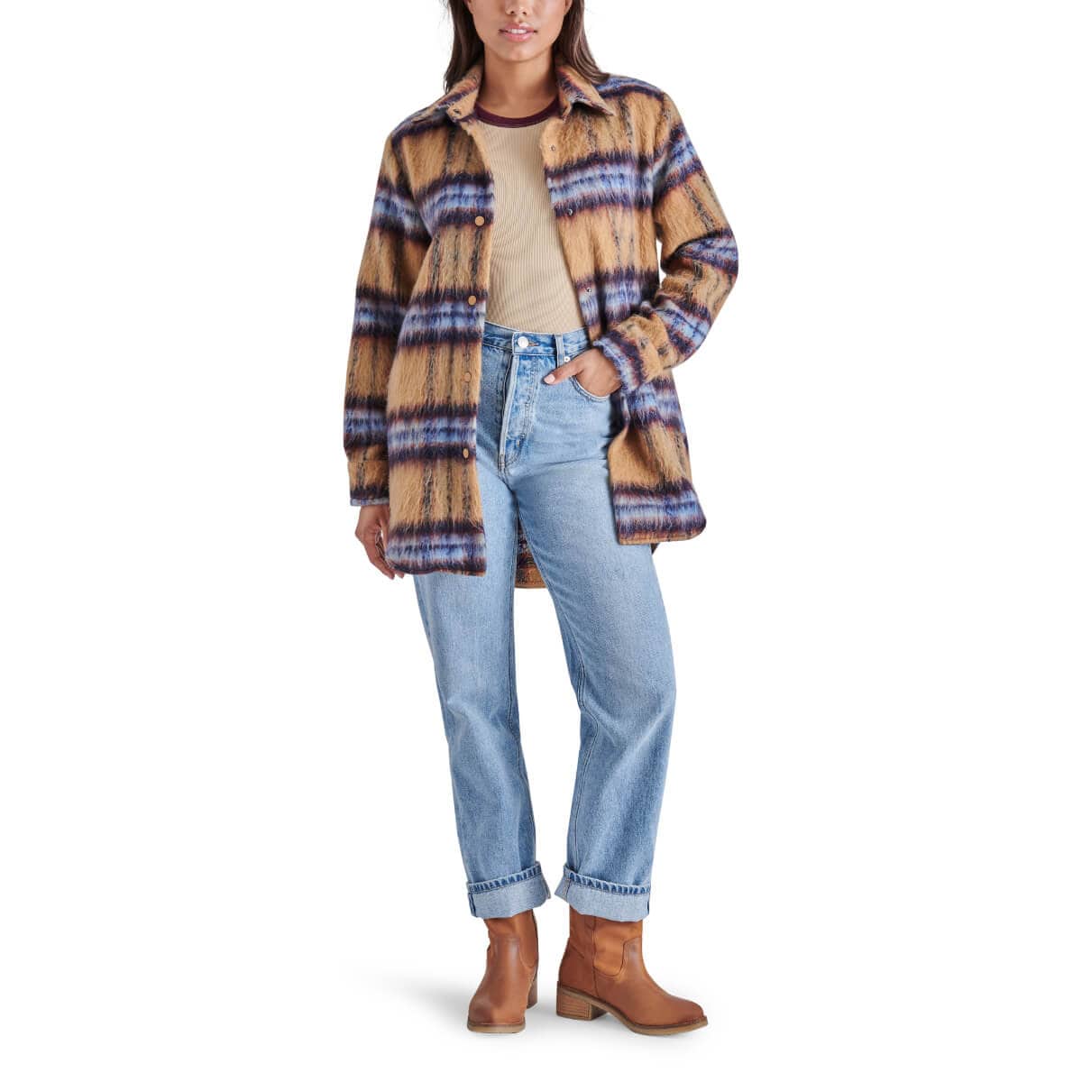 Steve Madden Eldridge Oversize Plaid Shirt Jacket brown front | MILK MONEY milkmoney.co | cute jackets for women. cute coats. cool jackets for women. stylish jackets for women. trendy jackets for women. trendy womens coats.