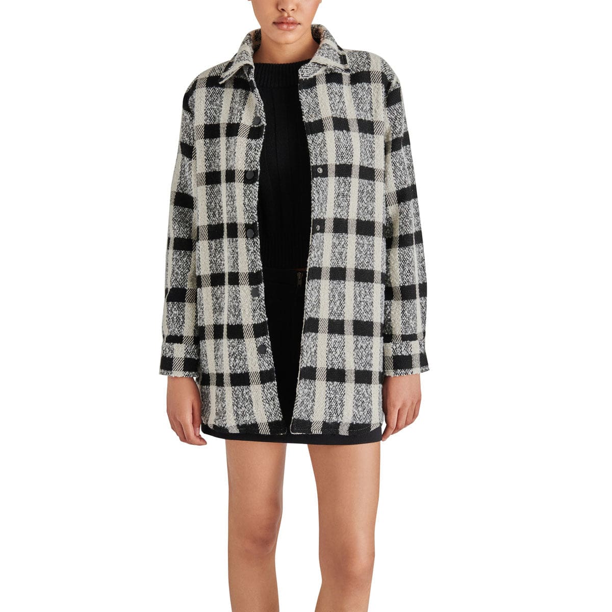 Steve Madden Eldridge Shirt Jacket black front | MILK MONEY milkmoney.co | cute jackets for women, cute coats. cool jackets for women, stylish jackets for women, trendy jackets for women, trendy womens coats.