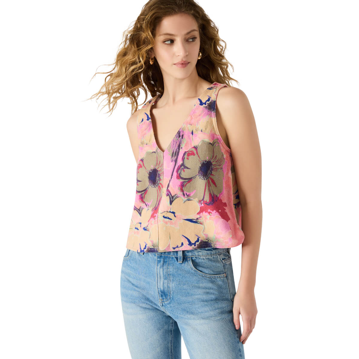 Steve Madden Elia Denim Floral V-Neck Sleeveless Top