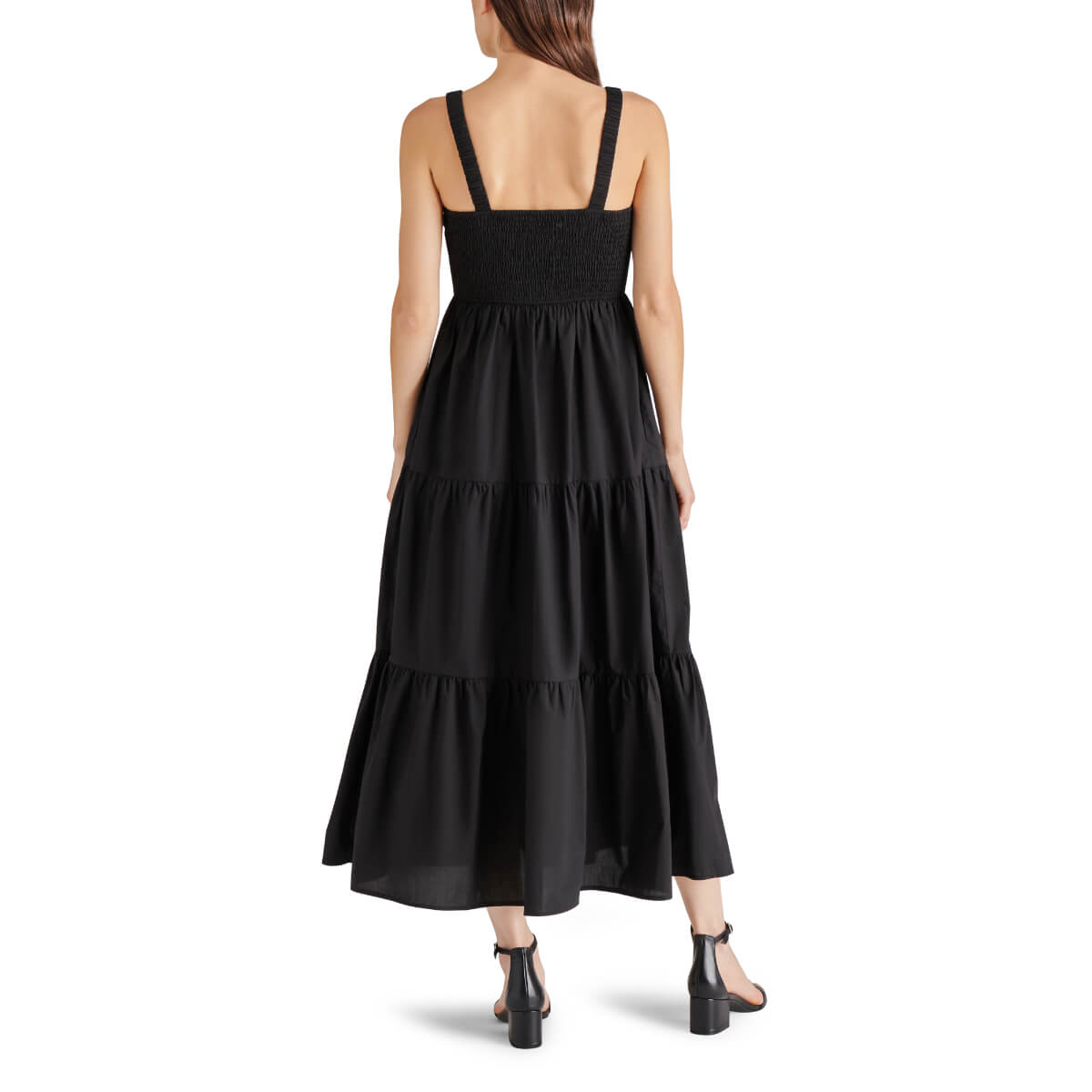 Steve Madden Eliora Tiered Cotton Sundress black back | MILK MONEY milkmoney.co | cute clothes for women. womens online clothing. trendy online clothing stores. womens casual clothing online. trendy clothes online. trendy women's clothing online. ladies online clothing stores. trendy women's clothing stores. cute female clothes.