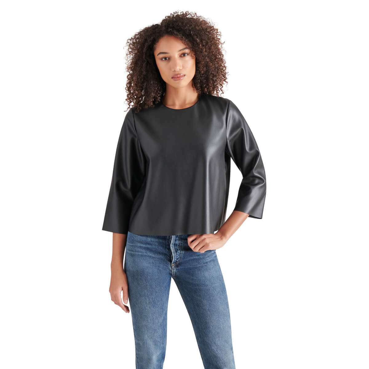Steve Madden Faux Leather Top black front | MILK MONEY milkmoney.co | cute tops for women. trendy tops for women. cute blouses for women. stylish tops for women. pretty womens tops.