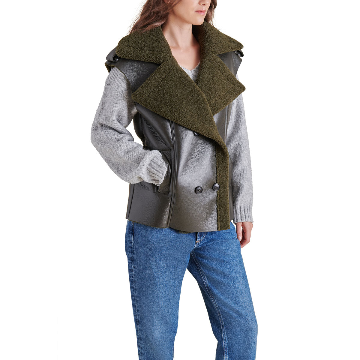Steve Madden Fawn Oversize Faux Shearling Vest green side | MILK MONEY milkmoney.co | cute clothes for women. womens online clothing. trendy online clothing stores. womens casual clothing online. trendy clothes online. trendy women's clothing online. ladies online clothing stores. trendy women's clothing stores. cute female clothes.