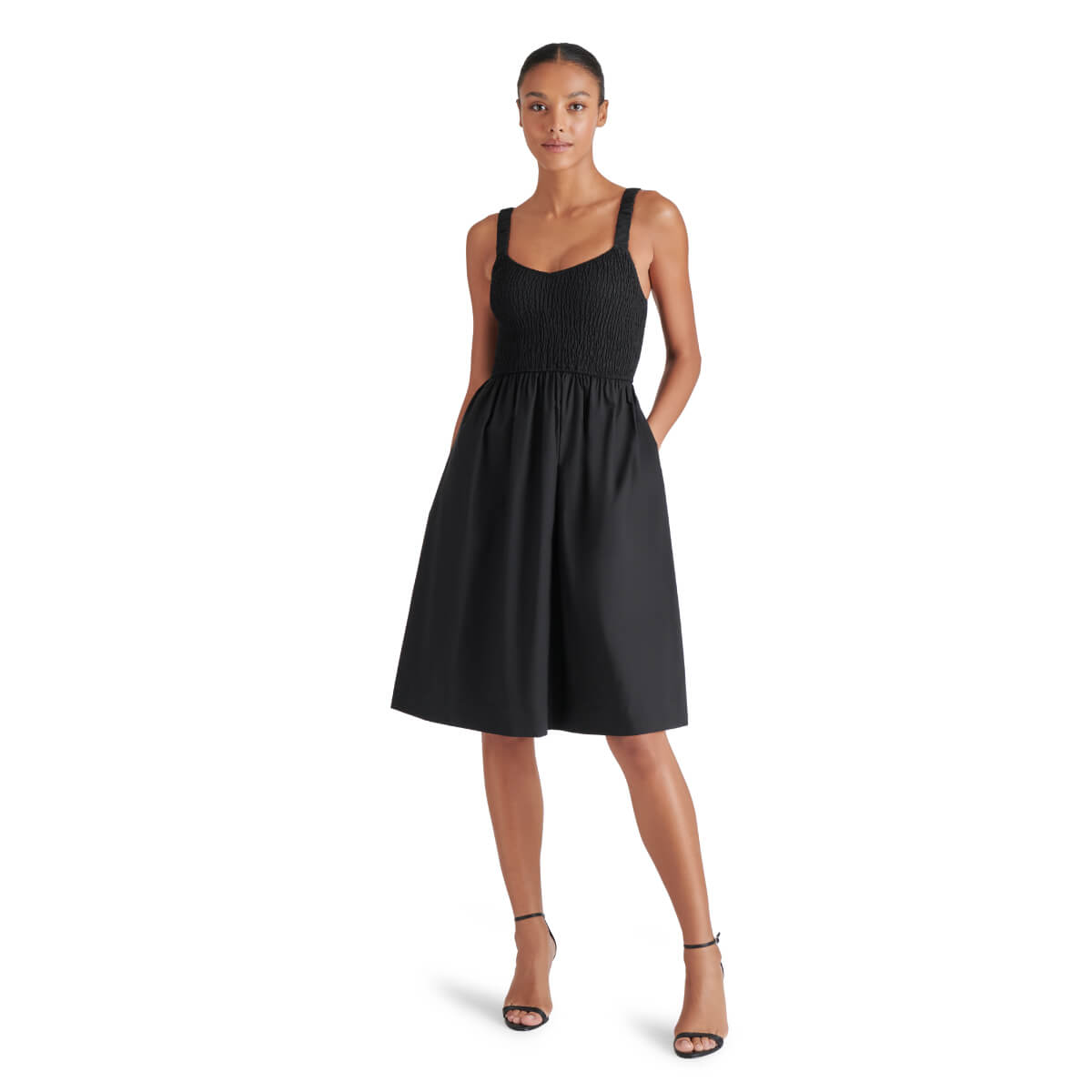 Steve Madden Fleur Smocked Scoop Neck Dress black front | MILK MONEY milkmoney.co | cute clothes for women. womens online clothing. trendy online clothing stores. womens casual clothing online. trendy clothes online. trendy women's clothing online. ladies online clothing stores. trendy women's clothing stores. cute female clothes.