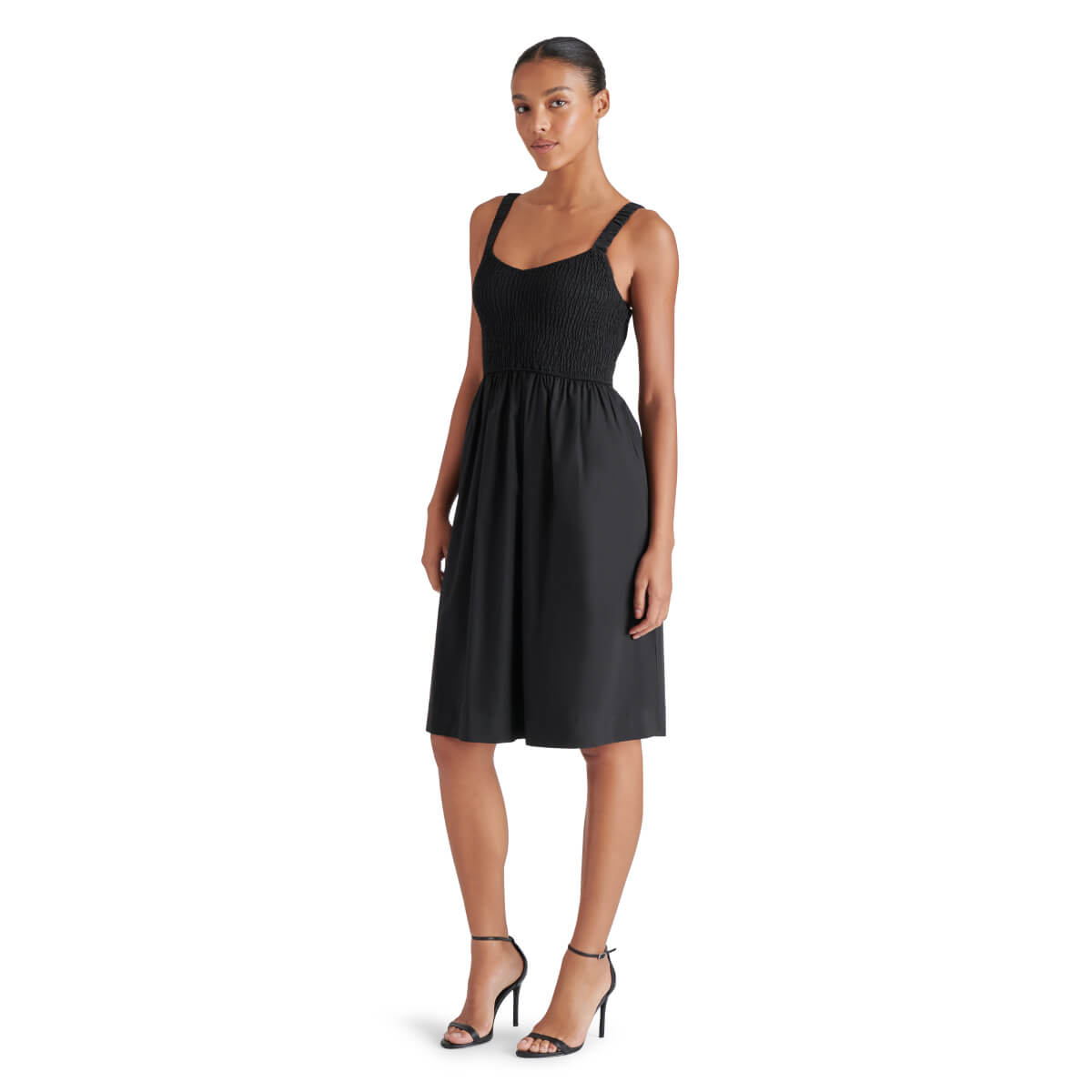 Steve Madden Fleur Smocked Scoop Neck Dress black front | MILK MONEY milkmoney.co | cute clothes for women. womens online clothing. trendy online clothing stores. womens casual clothing online. trendy clothes online. trendy women's clothing online. ladies online clothing stores. trendy women's clothing stores. cute female clothes.