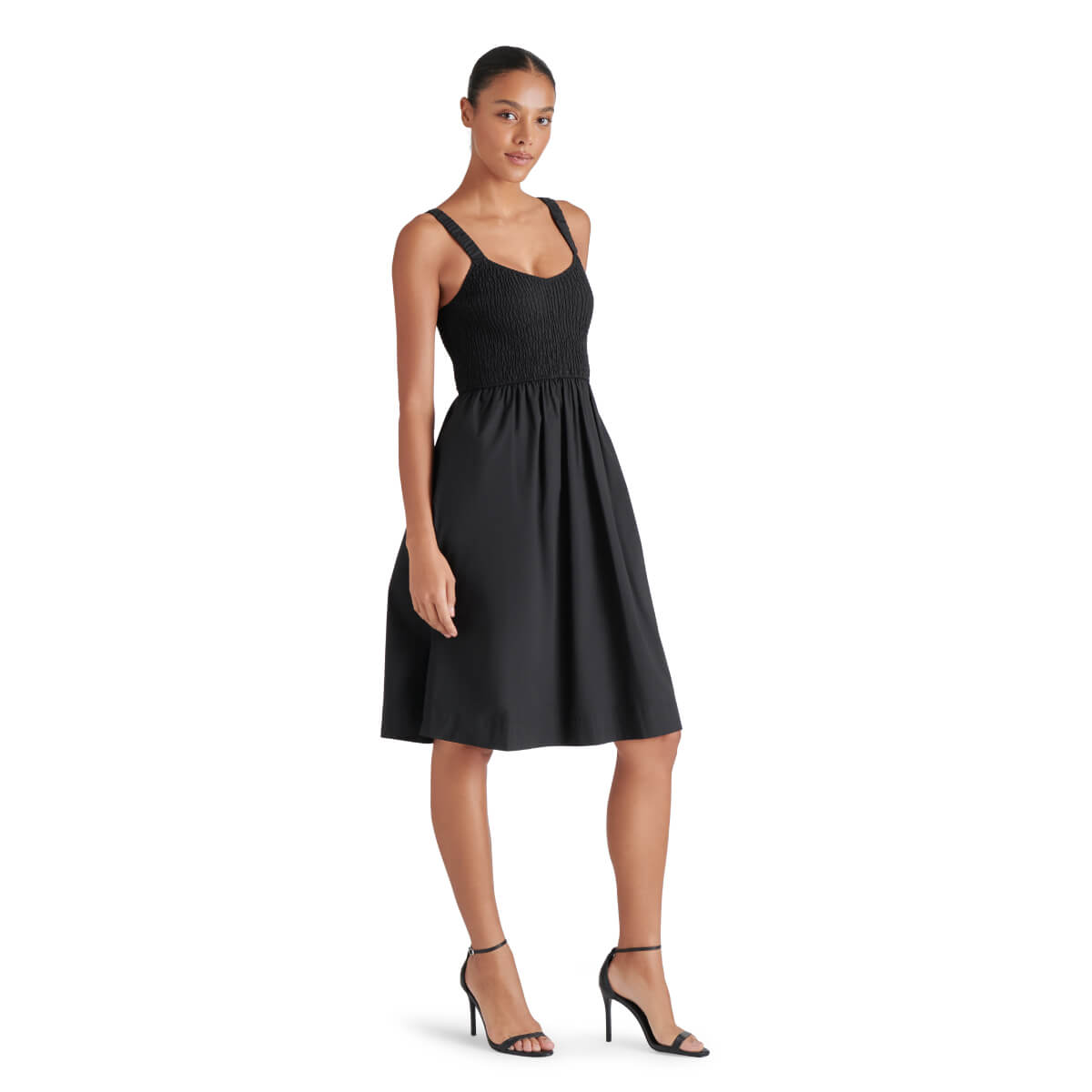 Steve Madden Fleur Smocked Scoop Neck Dress black front | MILK MONEY milkmoney.co | cute clothes for women. womens online clothing. trendy online clothing stores. womens casual clothing online. trendy clothes online. trendy women's clothing online. ladies online clothing stores. trendy women's clothing stores. cute female clothes.