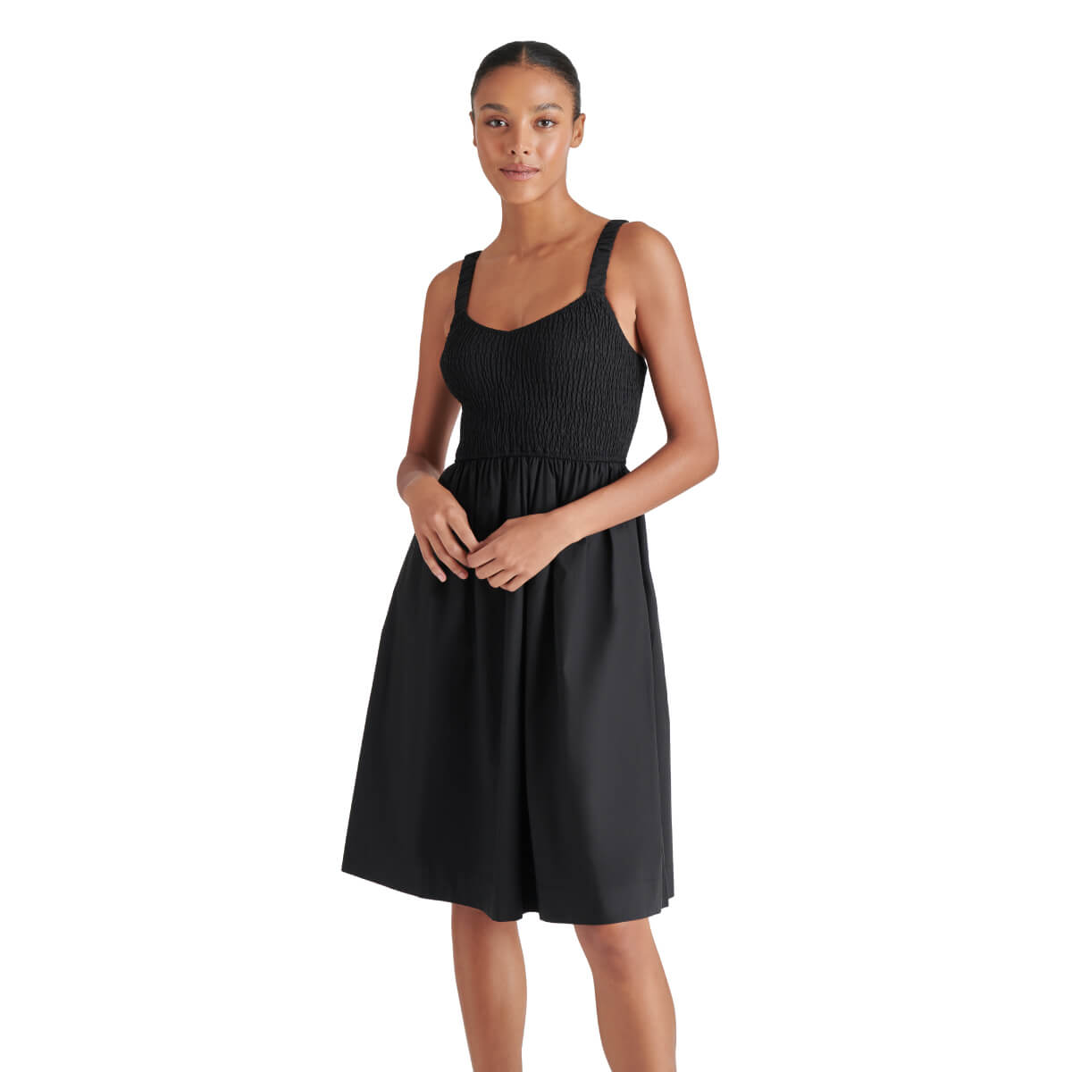 Steve Madden Fleur Smocked Scoop Neck Dress black front | MILK MONEY milkmoney.co | cute clothes for women. womens online clothing. trendy online clothing stores. womens casual clothing online. trendy clothes online. trendy women's clothing online. ladies online clothing stores. trendy women's clothing stores. cute female clothes.