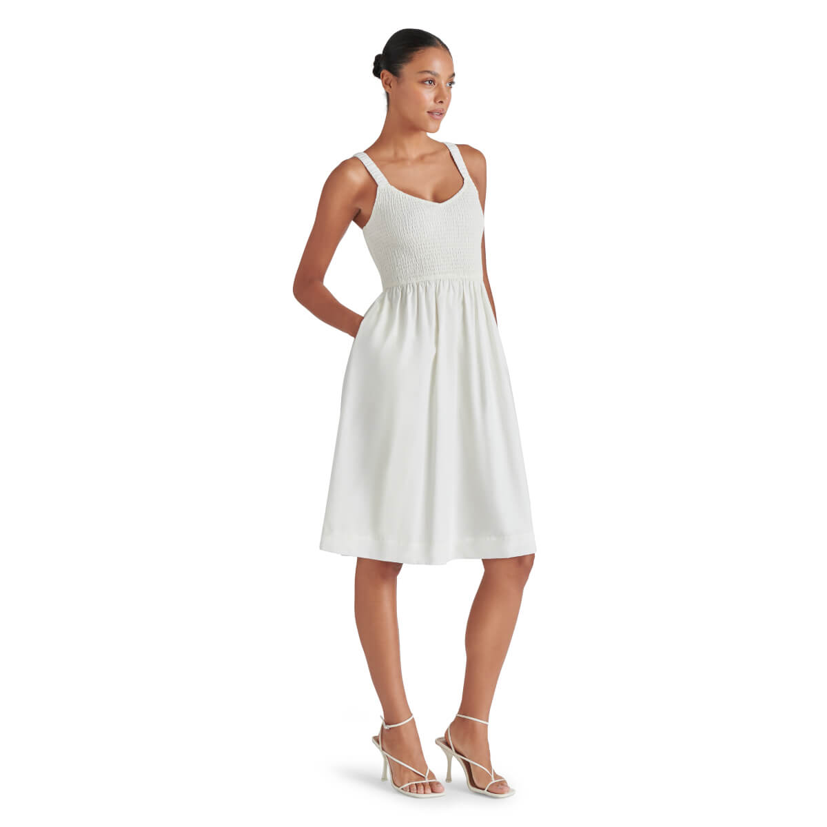 Steve Madden Fleur Smocked Scoop Neck Dress white front | MILK MONEY milkmoney.co | cute clothes for women. womens online clothing. trendy online clothing stores. womens casual clothing online. trendy clothes online. trendy women's clothing online. ladies online clothing stores. trendy women's clothing stores. cute female clothes.