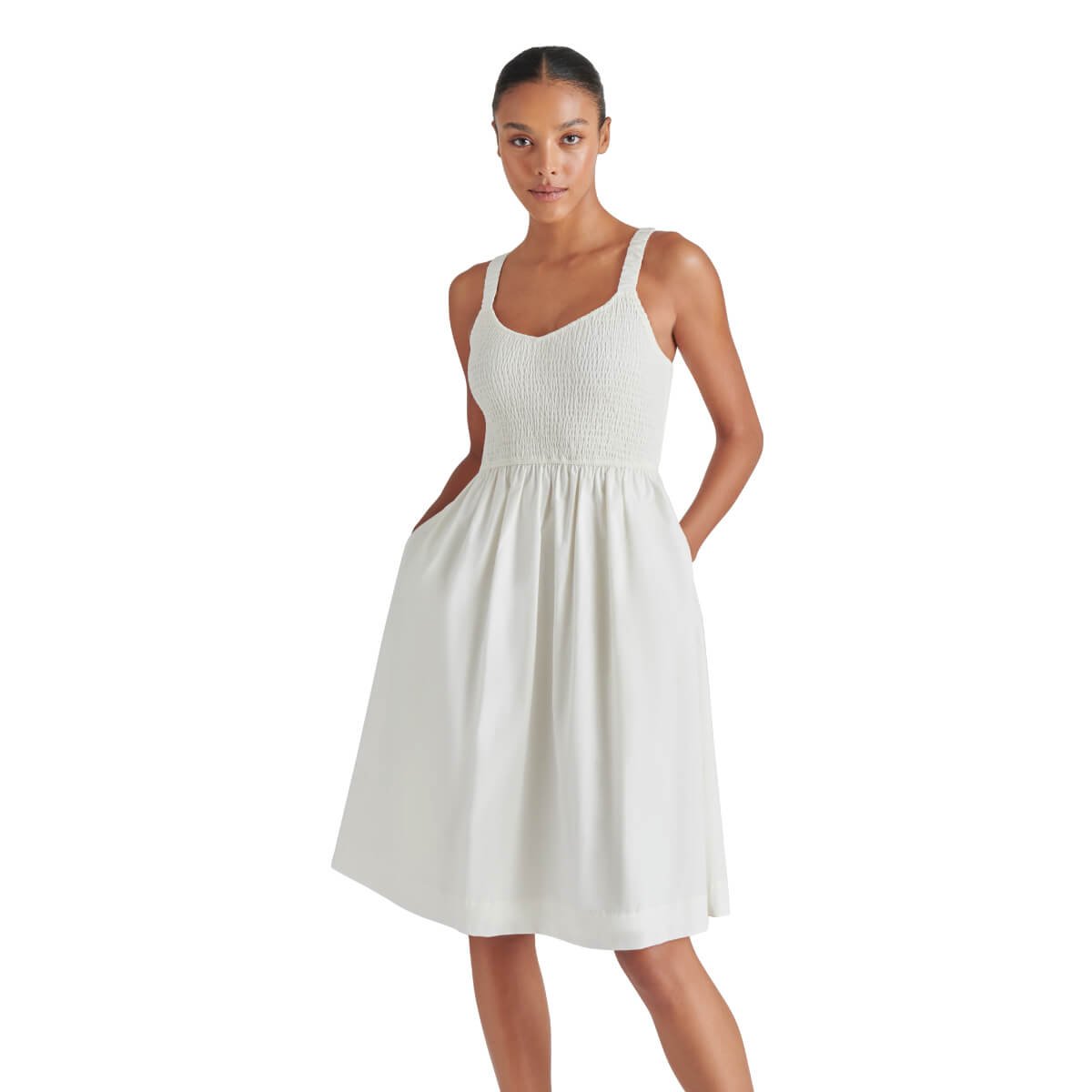 Steve Madden Fleur Smocked Scoop Neck Dress white front | MILK MONEY milkmoney.co | cute clothes for women. womens online clothing. trendy online clothing stores. womens casual clothing online. trendy clothes online. trendy women's clothing online. ladies online clothing stores. trendy women's clothing stores. cute female clothes.