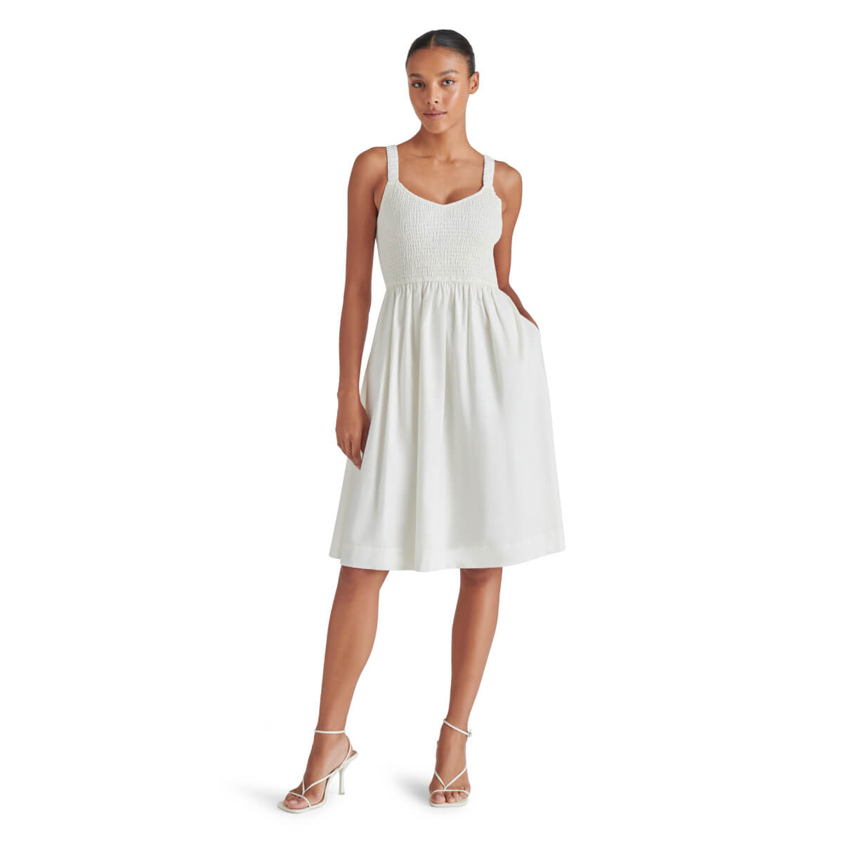 Steve Madden Fleur Smocked Scoop Neck Dress white front | MILK MONEY milkmoney.co | cute clothes for women. womens online clothing. trendy online clothing stores. womens casual clothing online. trendy clothes online. trendy women's clothing online. ladies online clothing stores. trendy women's clothing stores. cute female clothes.