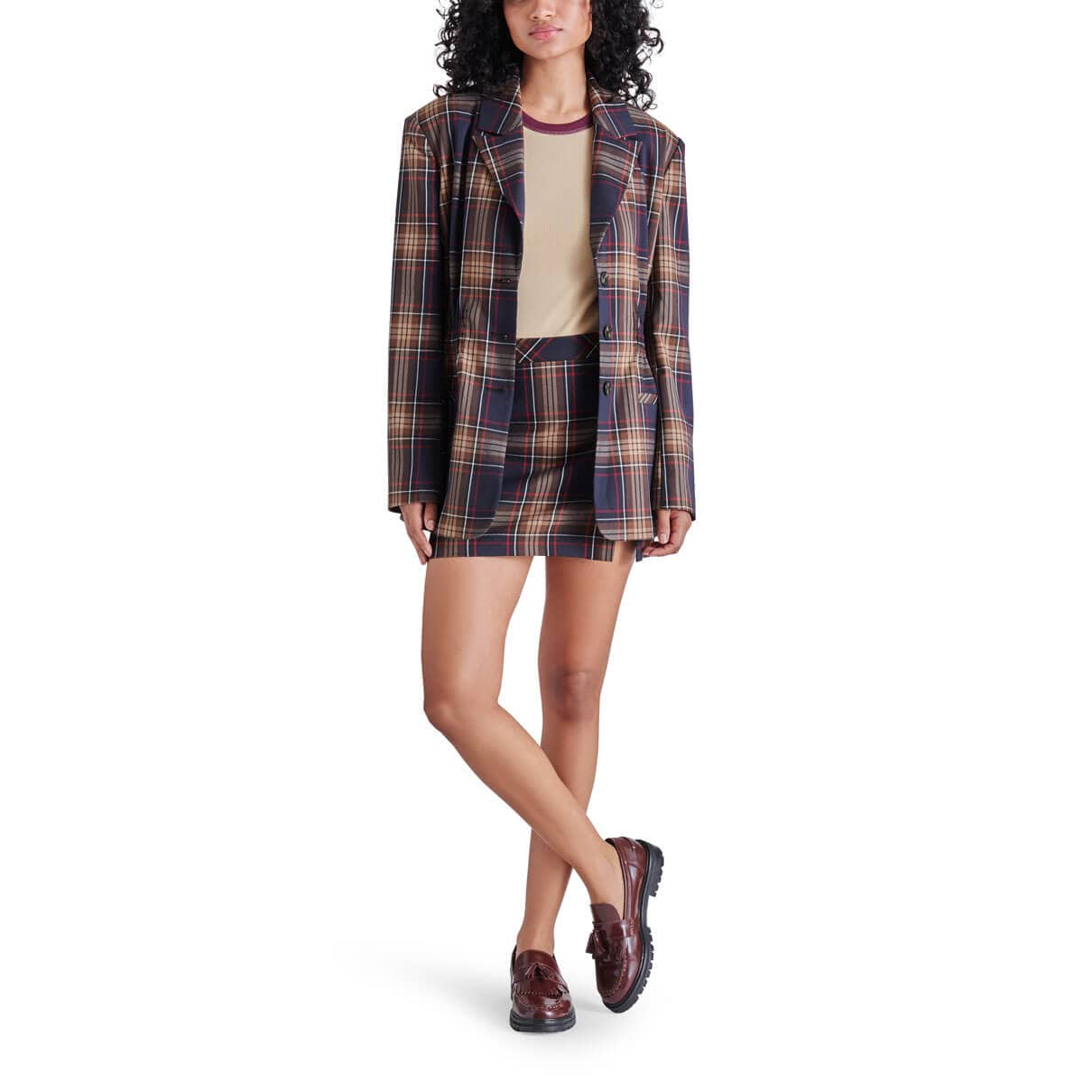 Steve Madden Frida Plaid Blazer navy front | MILK MONEY milkmoney.co | cute jackets for women. cute coats. cool jackets for women. stylish jackets for women. trendy jackets for women. trendy womens coats.