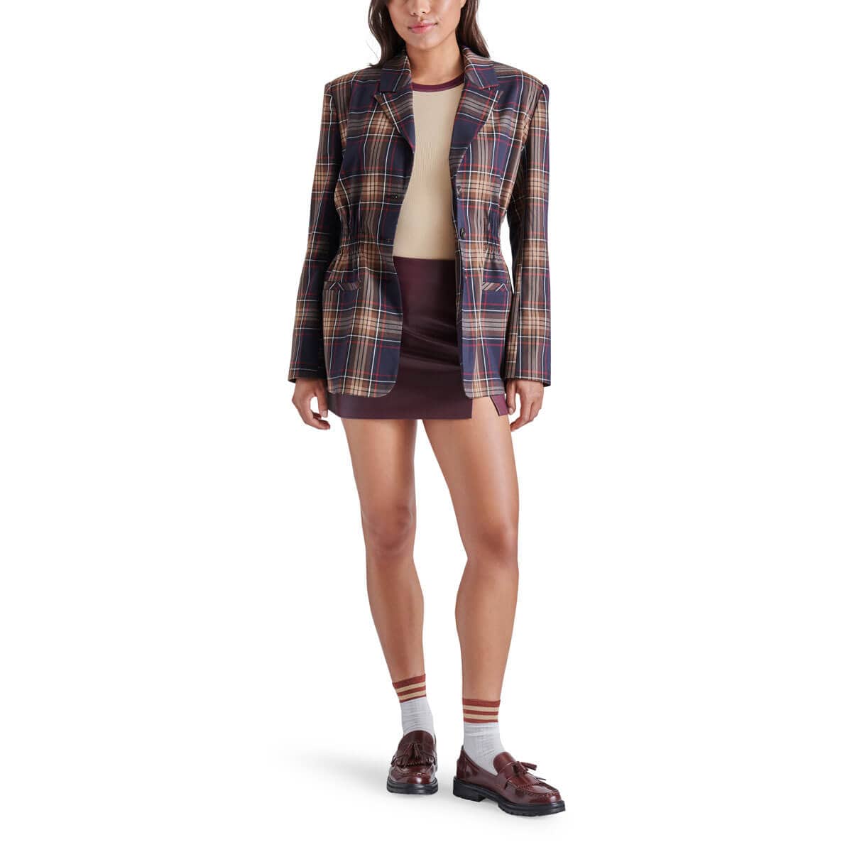 Steve Madden Frida Plaid Blazer navy front | MILK MONEY milkmoney.co | cute jackets for women. cute coats. cool jackets for women. stylish jackets for women. trendy jackets for women. trendy womens coats.