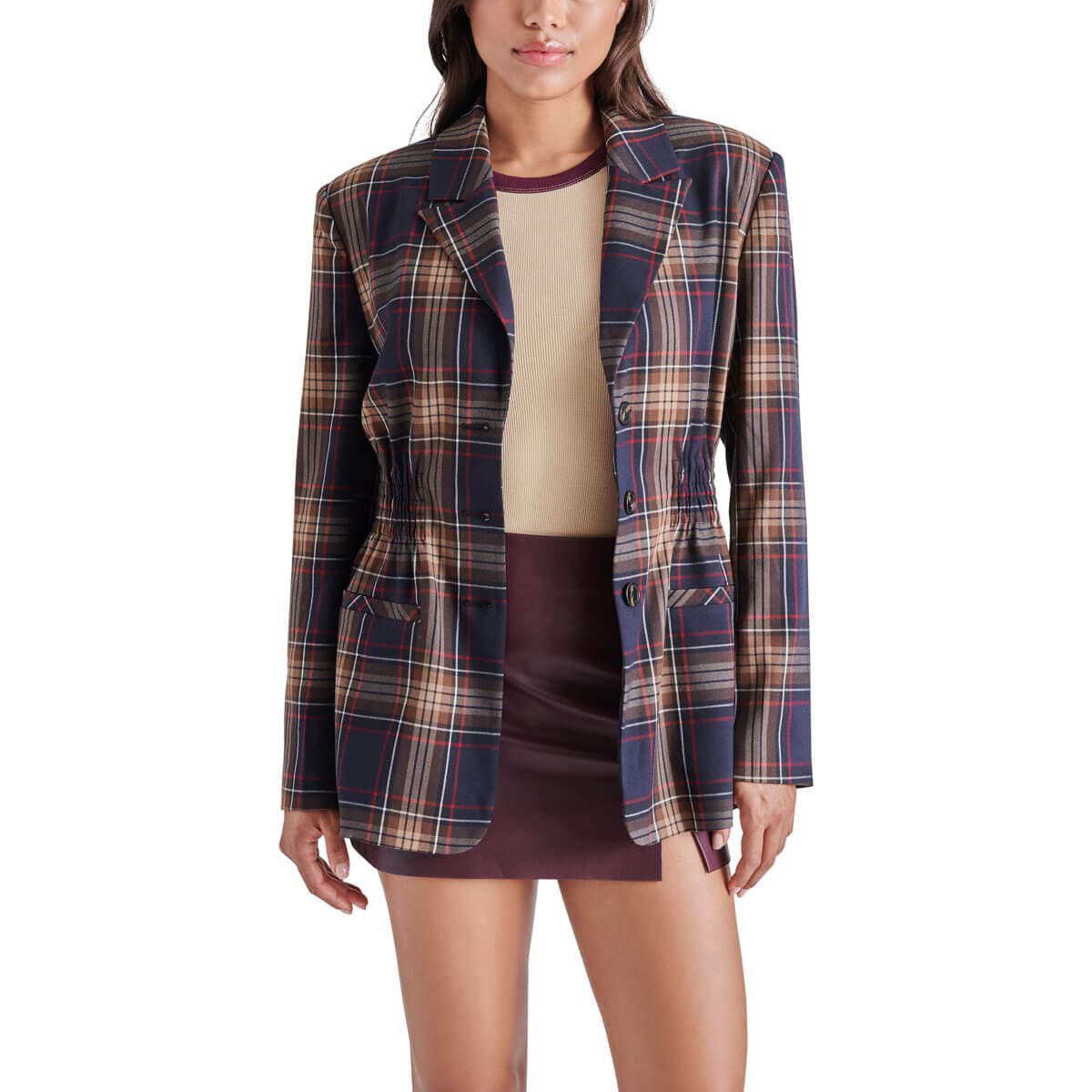 Steve Madden Frida Plaid Blazer navy front | MILK MONEY milkmoney.co | cute jackets for women. cute coats. cool jackets for women. stylish jackets for women. trendy jackets for women. trendy womens coats.