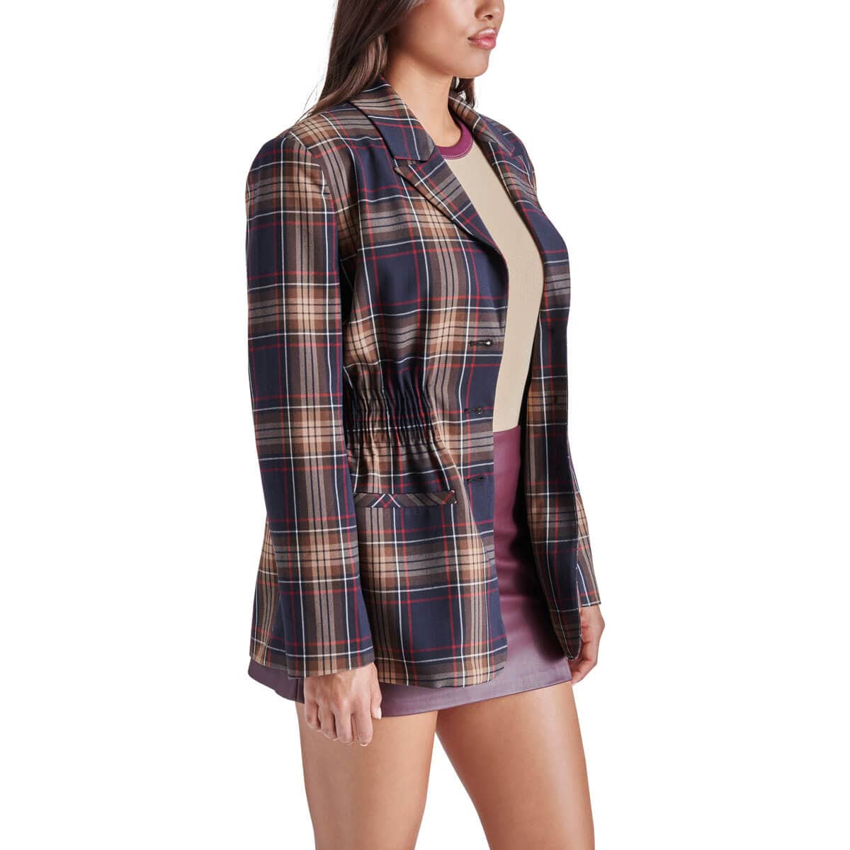 Steve Madden Frida Plaid Blazer navy side | MILK MONEY milkmoney.co | cute jackets for women. cute coats. cool jackets for women. stylish jackets for women. trendy jackets for women. trendy womens coats.