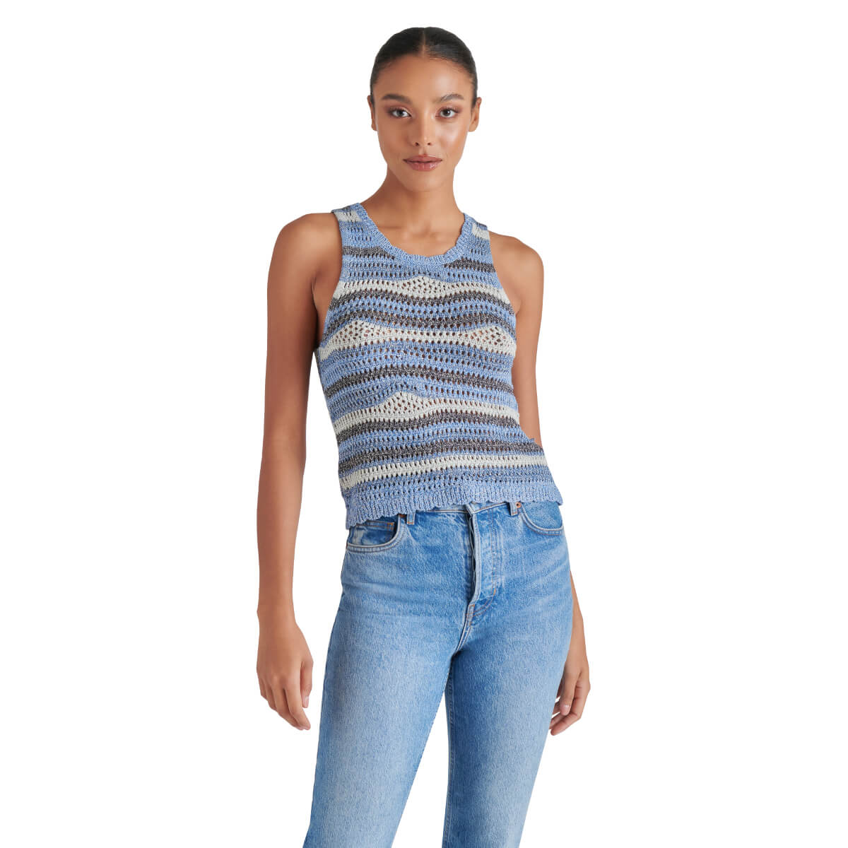Steve Madden Hannah Metallic Open Stitch Sleeveless Sweater blue front | MILK MONEY milkmoney.co | cute tops for women. trendy tops for women. cute blouses for women. stylish tops for women. pretty womens tops.