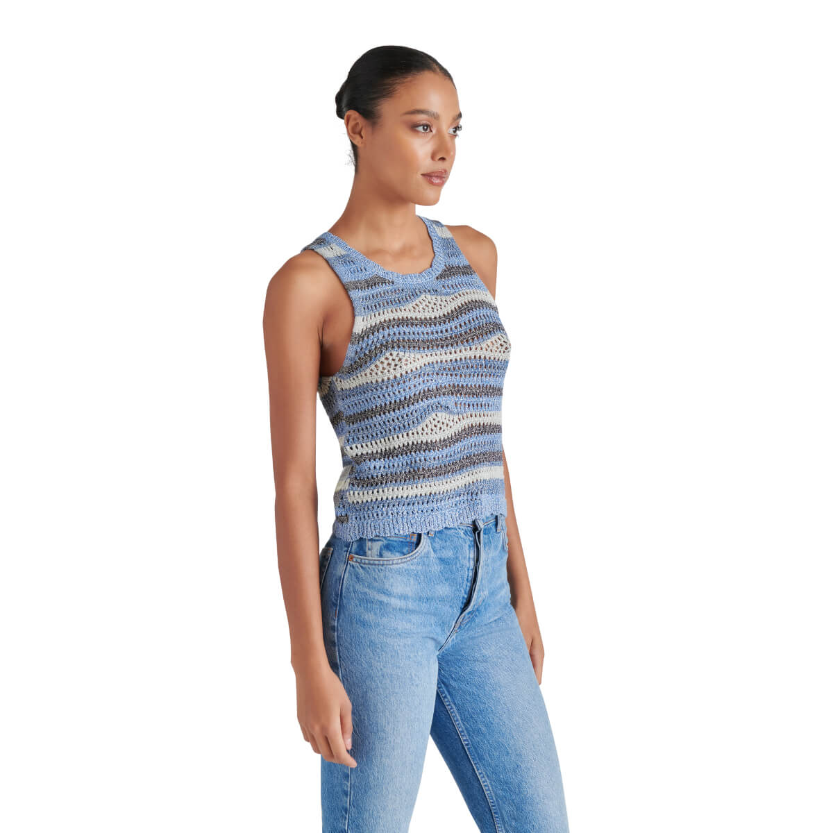 Steve Madden Hannah Metallic Open Stitch Sleeveless Sweater blue side | MILK MONEY milkmoney.co | cute tops for women. trendy tops for women. cute blouses for women. stylish tops for women. pretty womens tops.