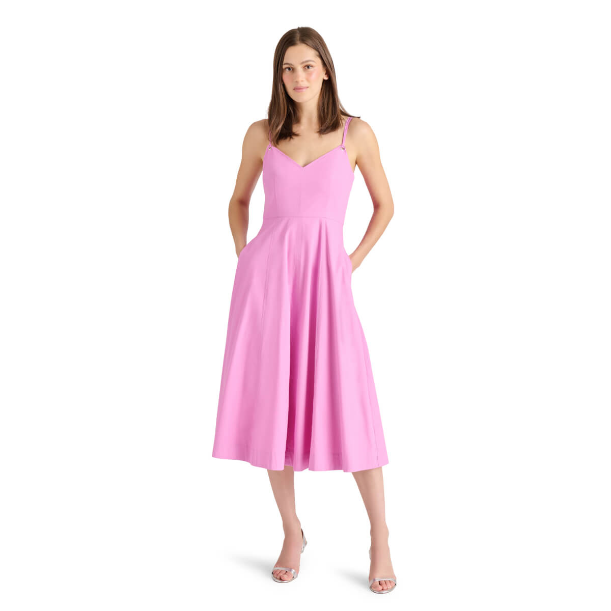 Steve Madden Harley Fit & Flare Midi Dress pink front | MILK MONEY milkmoney.co | cute clothes for women. womens online clothing. trendy online clothing stores. womens casual clothing online. trendy clothes online. trendy women's clothing online. ladies online clothing stores. trendy women's clothing stores. cute female clothes.