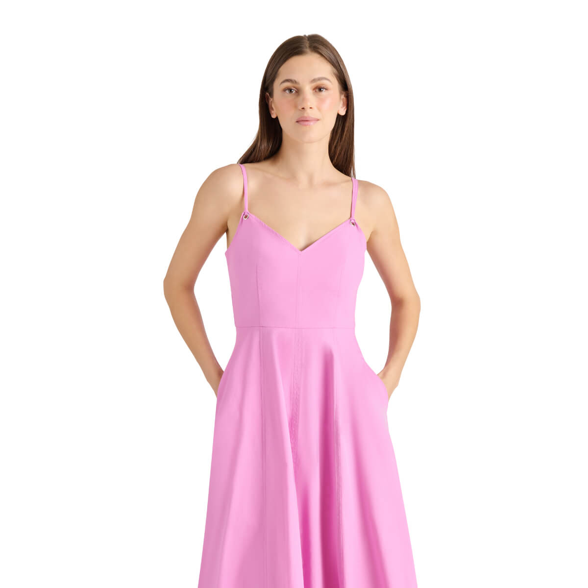 Steve Madden Harley Fit & Flare Midi Dress pink front | MILK MONEY milkmoney.co | cute clothes for women. womens online clothing. trendy online clothing stores. womens casual clothing online. trendy clothes online. trendy women's clothing online. ladies online clothing stores. trendy women's clothing stores. cute female clothes.