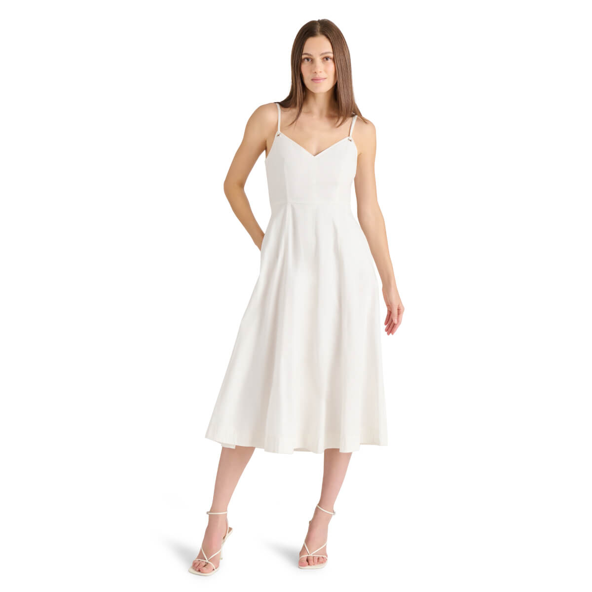 Steve Madden Harley Fit & Flare Midi Dress white front | MILK MONEY milkmoney.co | cute clothes for women. womens online clothing. trendy online clothing stores. womens casual clothing online. trendy clothes online. trendy women's clothing online. ladies online clothing stores. trendy women's clothing stores. cute female clothes.