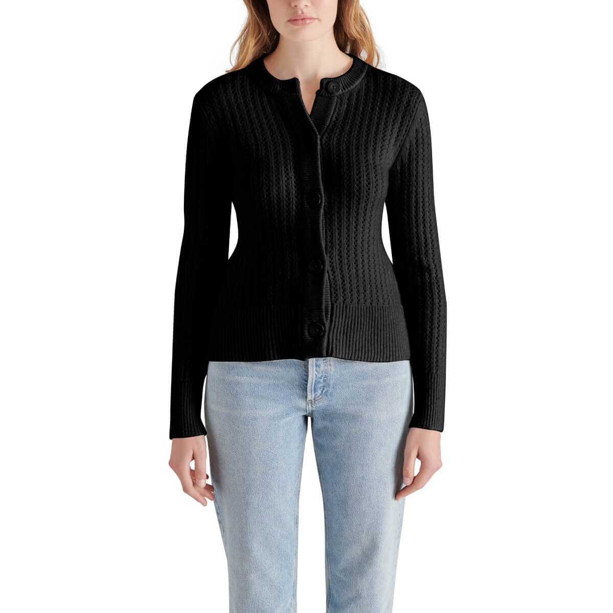 Steve Madden Illiana Open Stitch Cardigan black front| MILK MONEY milkmoney.co | cute tops for women. trendy tops for women. cute blouses for women. stylish tops for women. pretty womens tops.