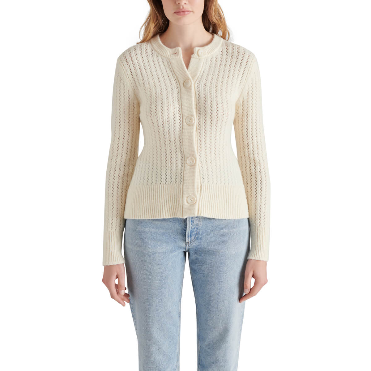 Steve Madden Illiana Open Stitch Cardigan white front| MILK MONEY milkmoney.co | cute tops for women. trendy tops for women. cute blouses for women. stylish tops for women. pretty womens tops.