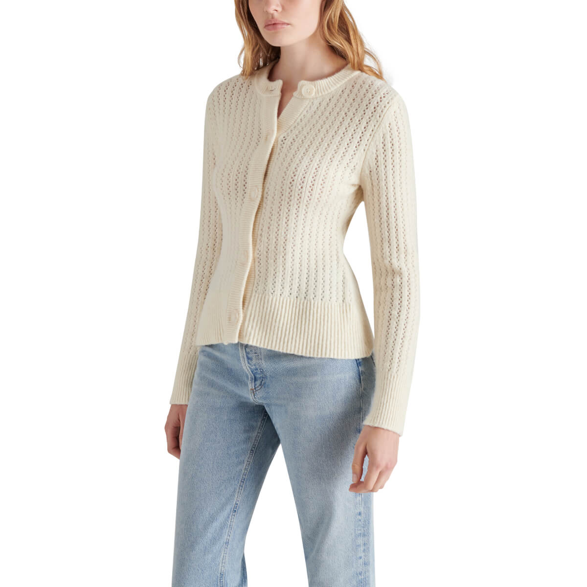 Steve Madden Illiana Open Stitch Cardigan white front| MILK MONEY milkmoney.co | cute tops for women. trendy tops for women. cute blouses for women. stylish tops for women. pretty womens tops.