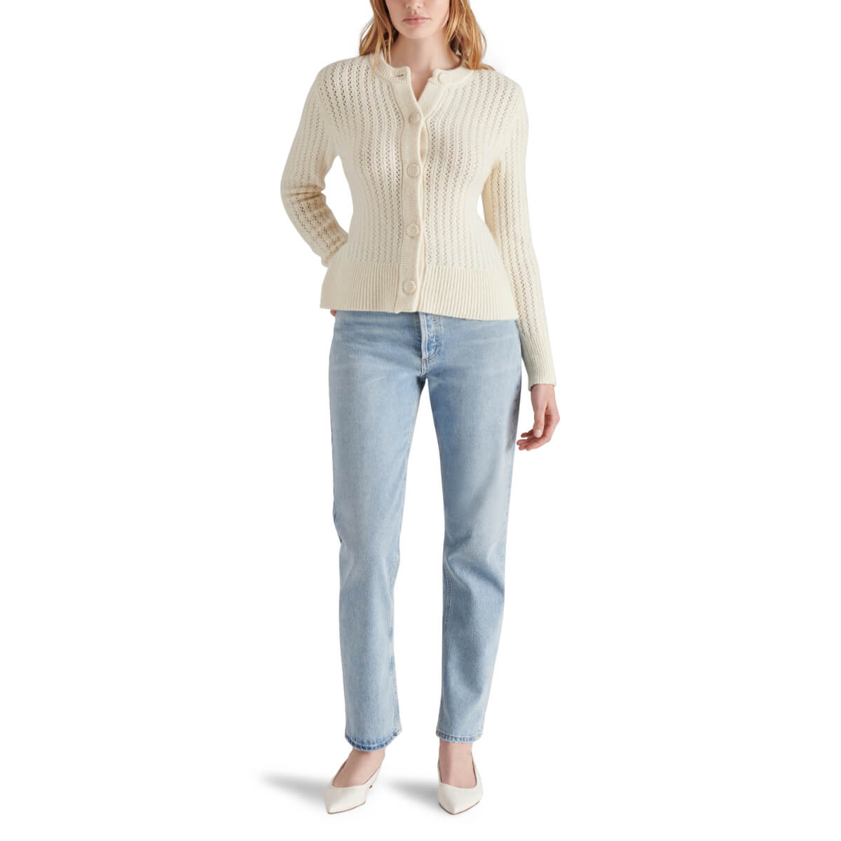Steve Madden Illiana Open Stitch Cardigan white front| MILK MONEY milkmoney.co | cute tops for women. trendy tops for women. cute blouses for women. stylish tops for women. pretty womens tops.
