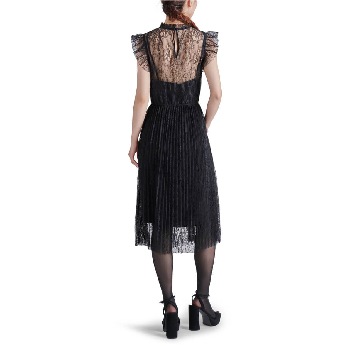 Steve Madden Izzo Pleated Ruffle Lace Midi Dress black back | MILK MONEY milkmoney.co | cute clothes for women. womens online clothing. trendy online clothing stores. womens casual clothing online. trendy clothes online. trendy women's clothing online. ladies online clothing stores. trendy women's clothing stores. cute female clothes.