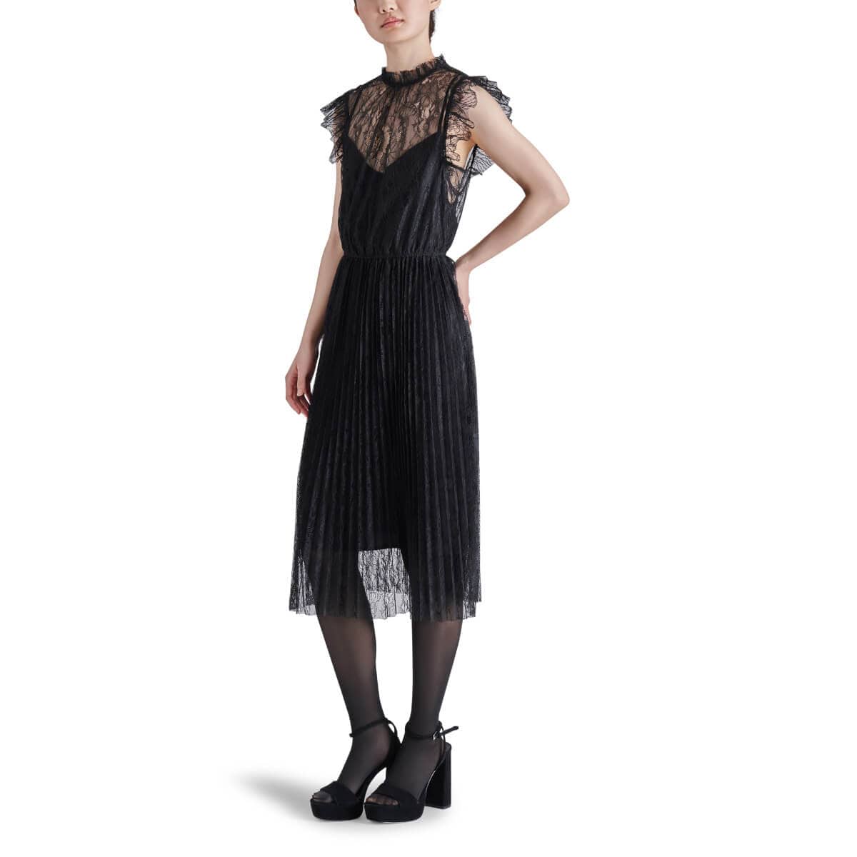 Steve Madden Izzo Pleated Ruffle Lace Midi Dress black front | MILK MONEY milkmoney.co | cute clothes for women. womens online clothing. trendy online clothing stores. womens casual clothing online. trendy clothes online. trendy women's clothing online. ladies online clothing stores. trendy women's clothing stores. cute female clothes.