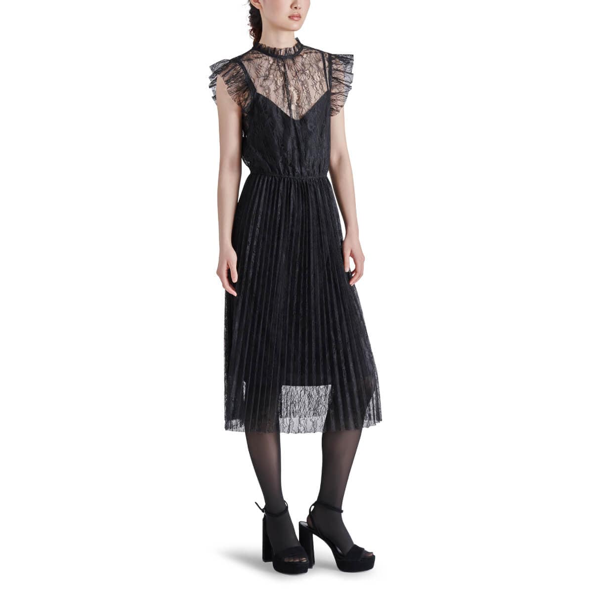 Steve Madden Izzo Pleated Ruffle Lace Midi Dress black front | MILK MONEY milkmoney.co | cute clothes for women. womens online clothing. trendy online clothing stores. womens casual clothing online. trendy clothes online. trendy women's clothing online. ladies online clothing stores. trendy women's clothing stores. cute female clothes.